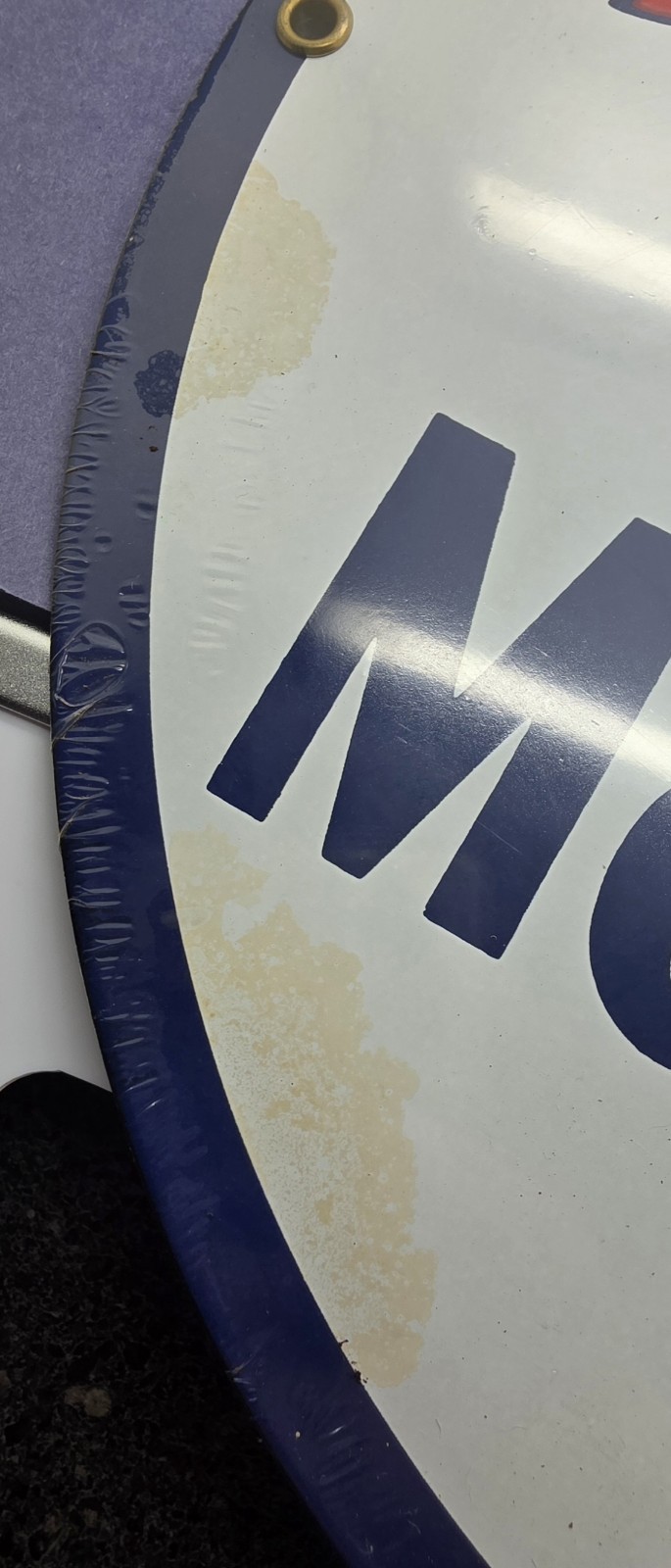 MOBIL GAS PEGASUS 11-1/4” ENAMELED SIGN IN GREAT CONDITION, ANDE ROONEY