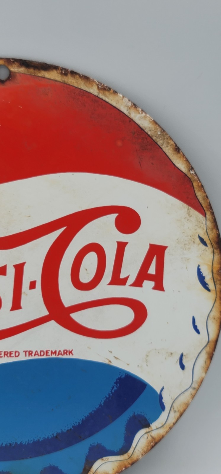 Vintage Distressed 8″ Pepsi Cola Rustic Weathered Porcelain Enameled Metal Sign