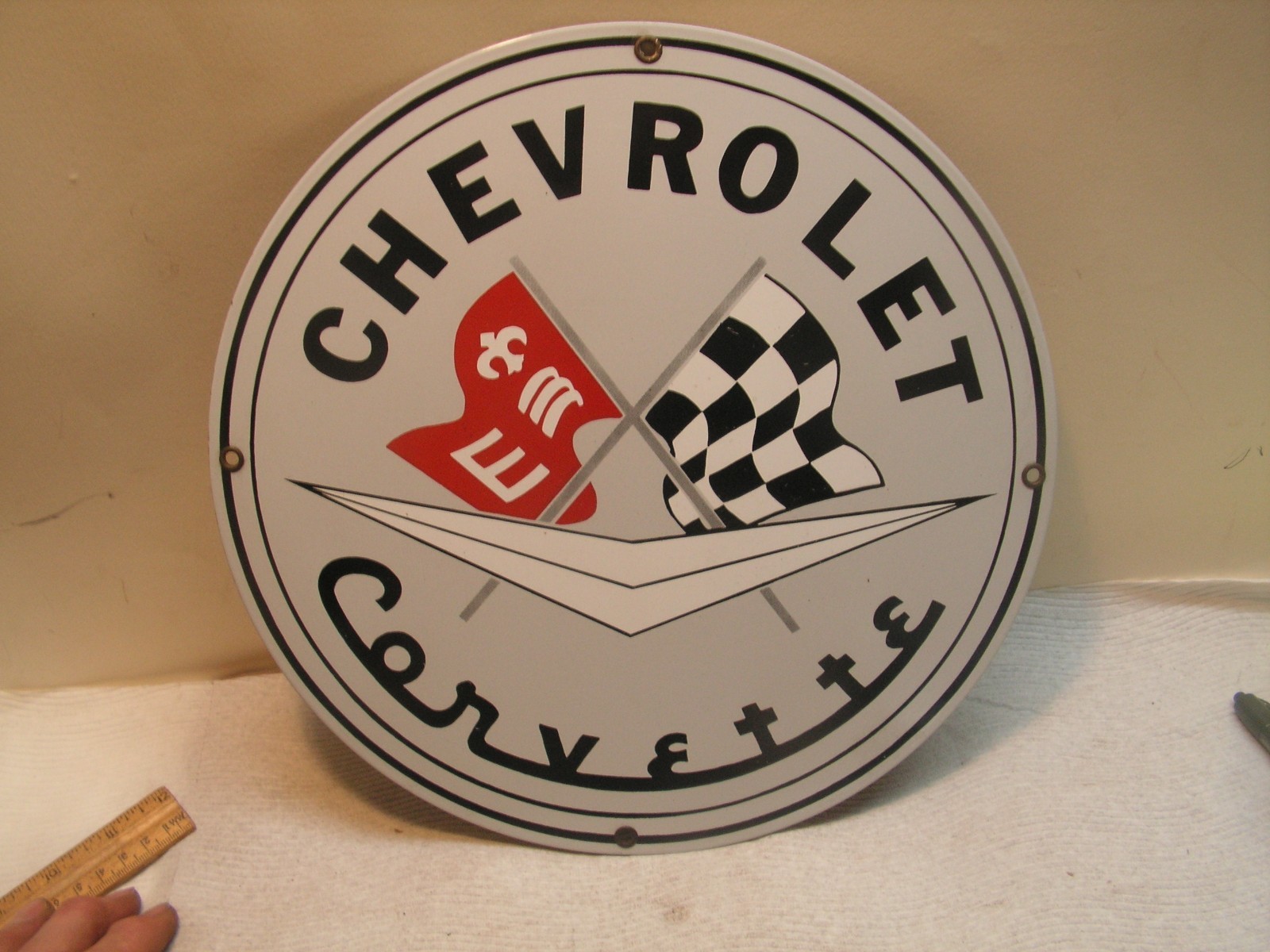 Vintage Chevrolet Corvette porcelain sign 11 1/4″ Andy Rooney. NICE!