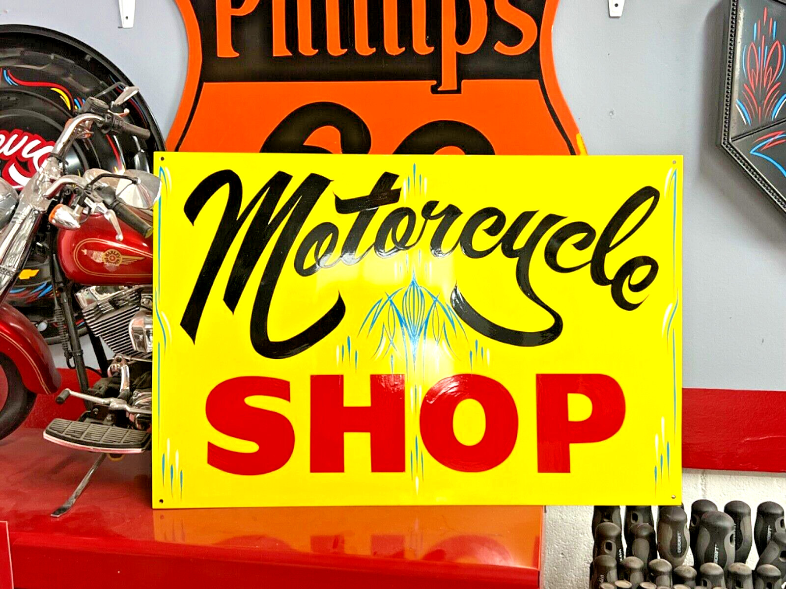 PINSTRIPED Painted Motorcycle Biker Shop Sign Sturgis Garage Man cave Repair