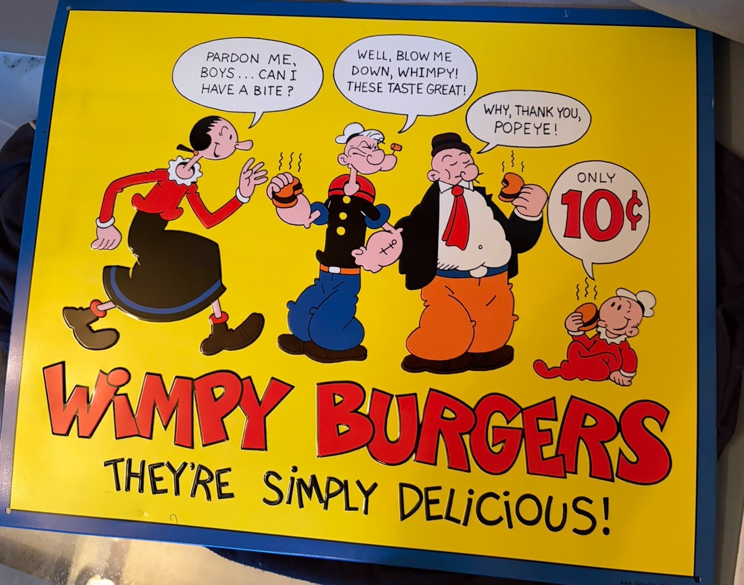 VTG POPEYE The Sailor Man Whimpys Burgers Sign Tin Wall Decor