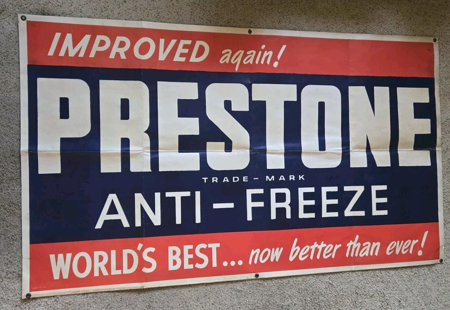 VINTAGE ADVERTISING CARDBOARD SIGN 57″ 30s 40s PRESTONE ANTI-FREEZE BRASS GROMET