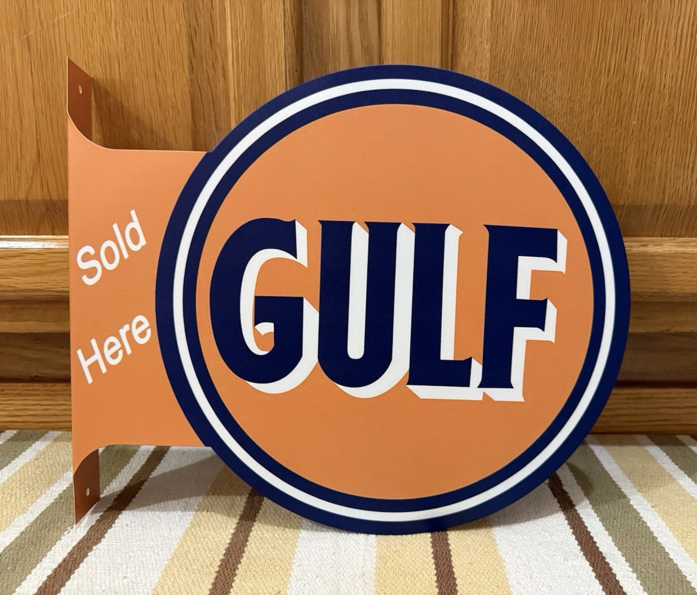 Gulf Gas Oil Flange Sign Sold Here Doubled Sided Garage Vintage Style Wall Decor