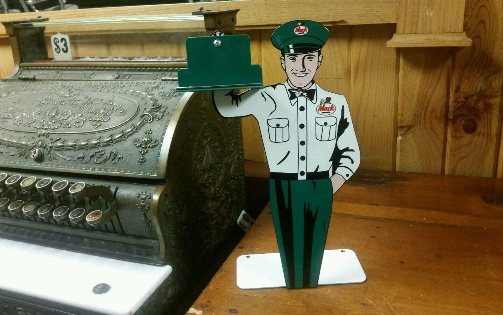 VINTAGE MACK TRUCKS & BUSES DEALER METAL GASOLINE OIL BUSINESS CARD HOLDER SIGN