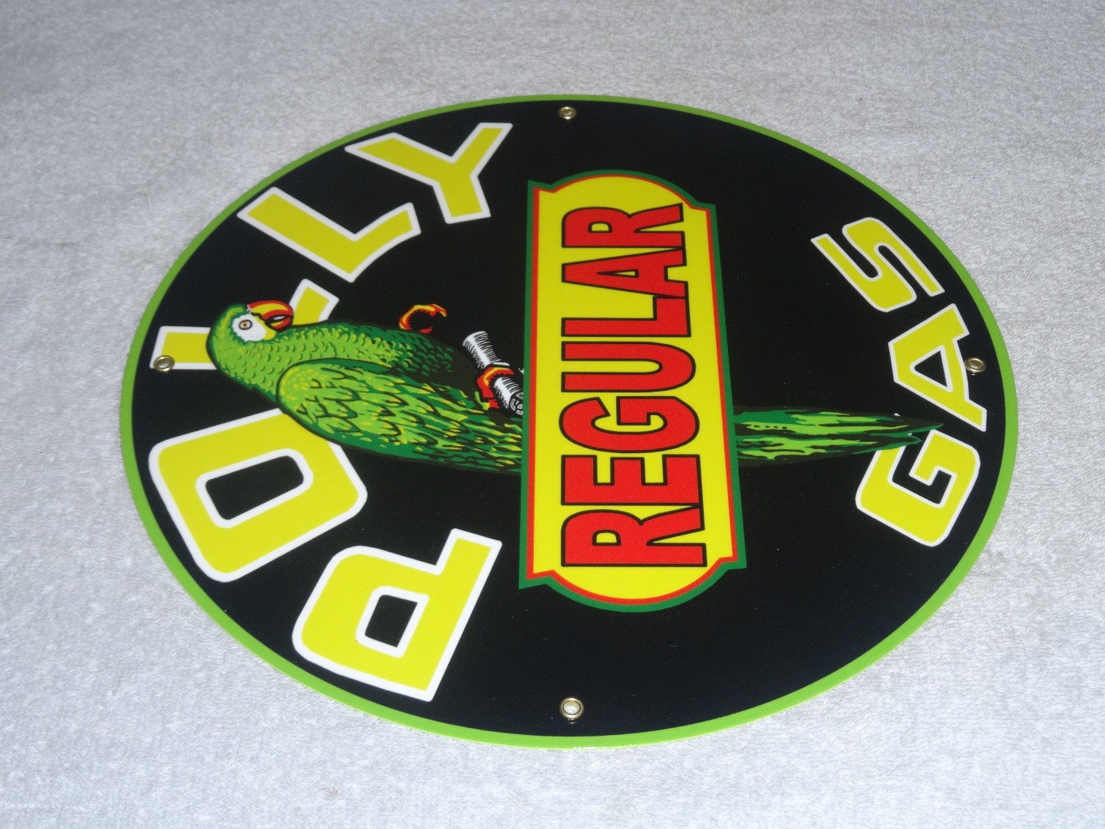 VINTAGE POLLY REGULAR GAS PARROT 🦜 11 3/4″ PORCELAIN METAL GASOLINE & OIL SIGN