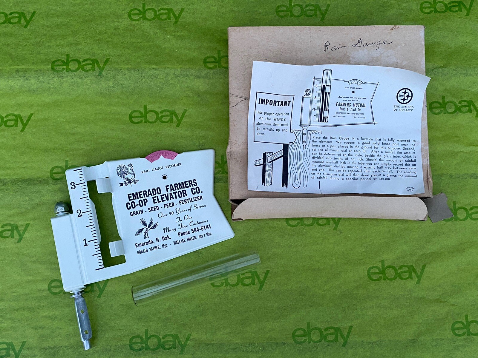 Vintage Farmers Co-Op Elevator Co Rain Gauge Recorder Emerado N. Dak Advertising