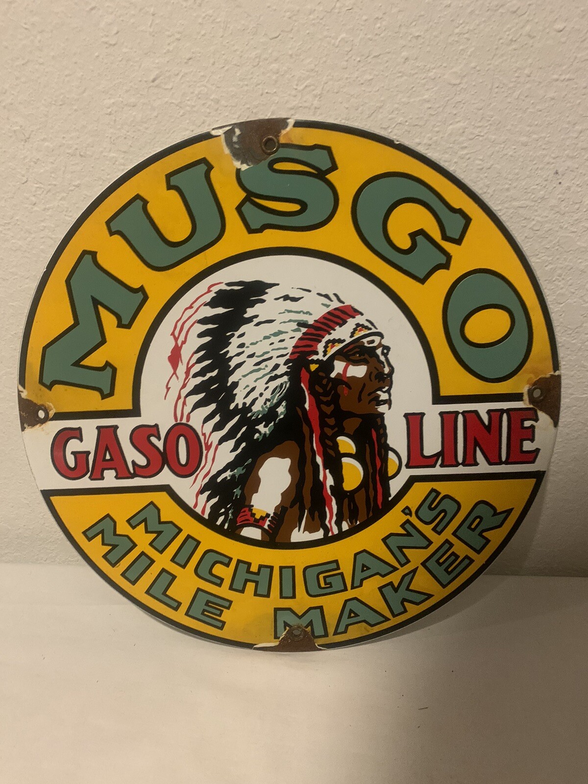 VINTAGE MUSGO GASOLINE MICHIGAN’S MILE MAKER PORCELAIN GAS PUMP SIGN