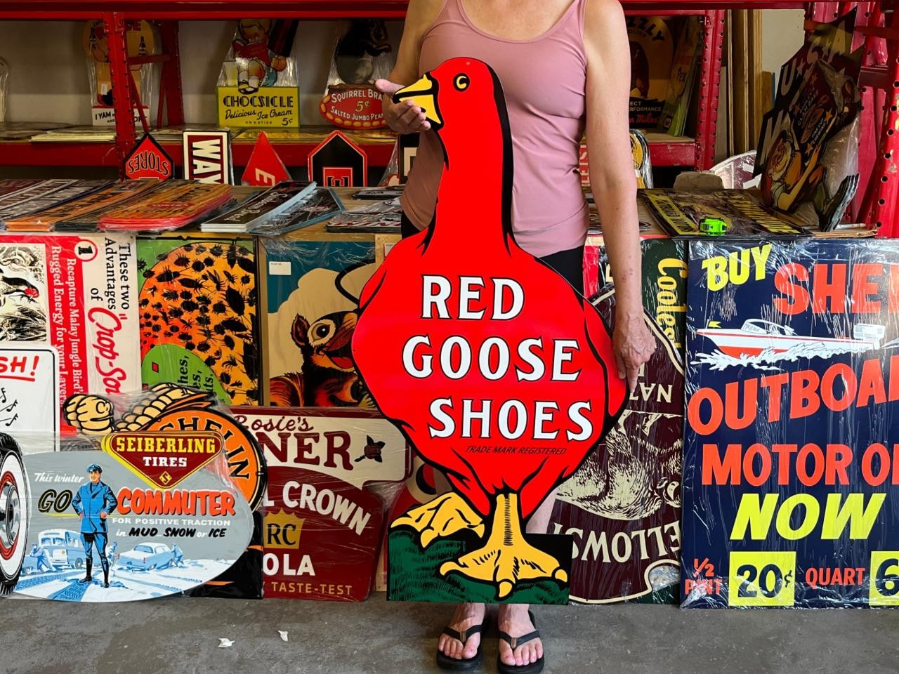 Vintage Style Metal Sign Red Goose Shoes NOT Porcelain 44×22 Made USA