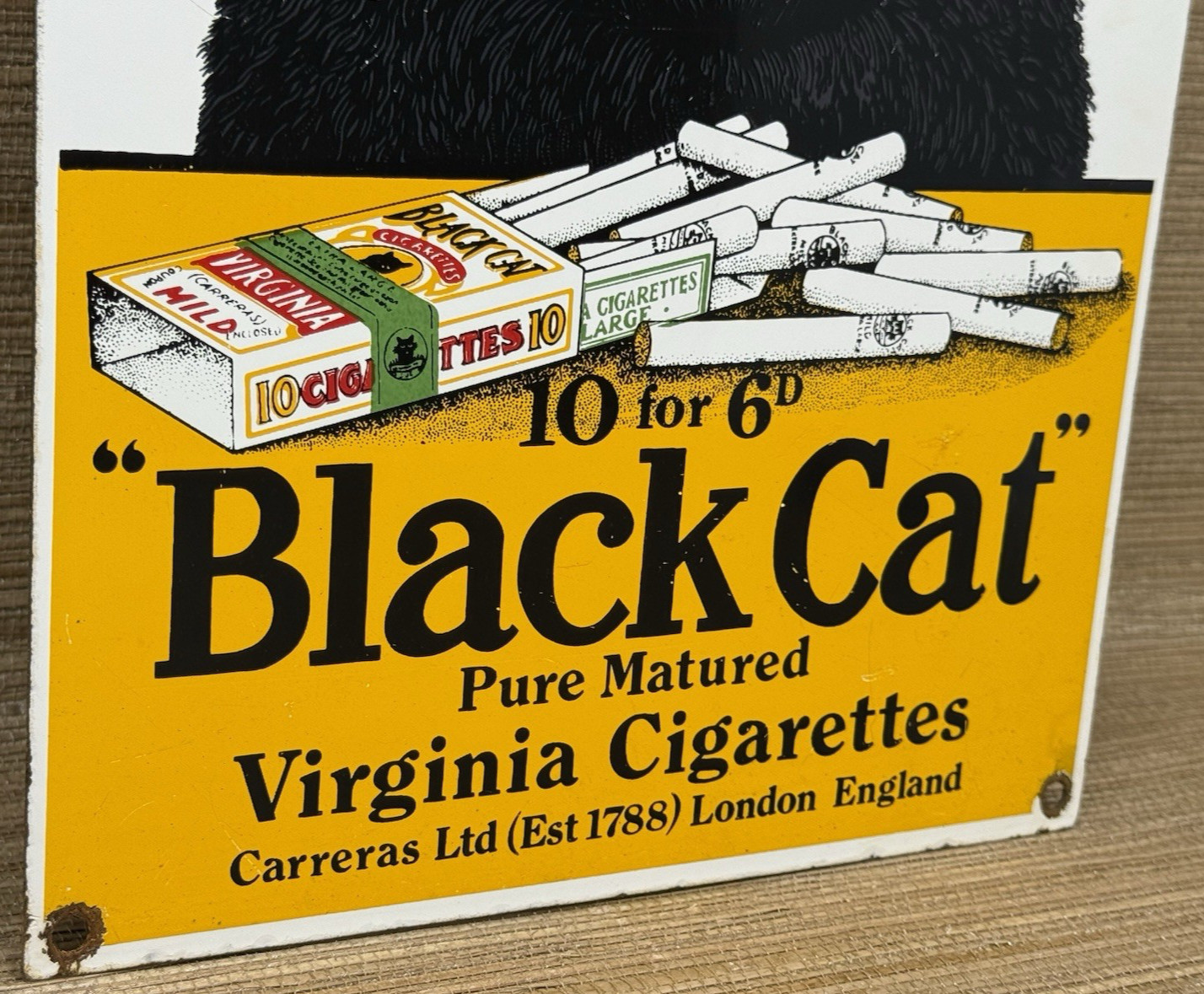 VINTAGE BLACK CAT CIGARETTES PORCELAIN SIGN ROAD GAS STATION CAMEL MARLBORO