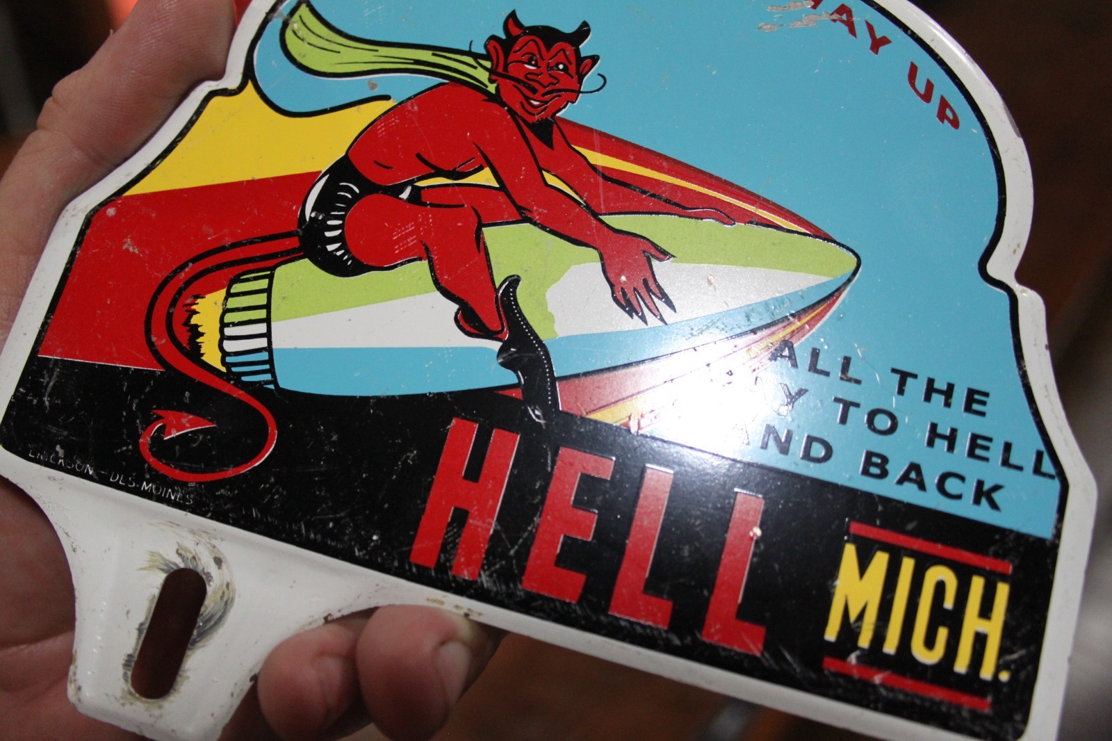 RARE 1950s HELL MICHIGAN SATAN ROCKET STAMPED PAINTED METAL PLATE TOPPER SIGN