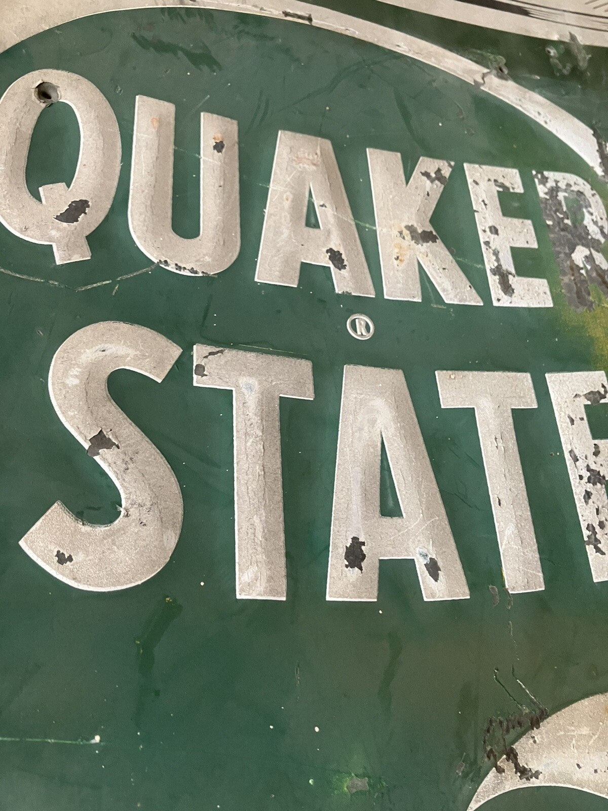 Quaker State Oil Advertising Sign Tin Litho Pressed Metal Letters 28”x 37” 1950s