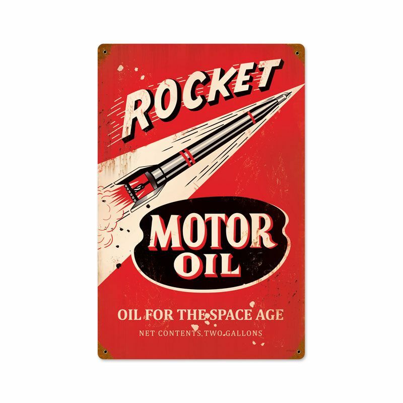 ROCKET MOTOR OIL FOR THE SPACE AGE 18″ HEAVY DUTY USA MADE METAL GAS ADV SIGN
