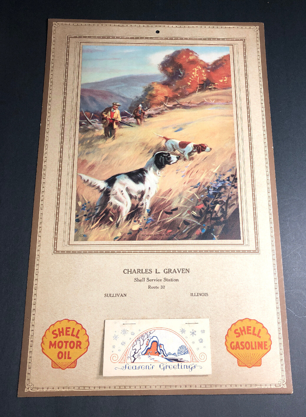 1930 Shell Oil Gas Calendar Sign Service Station Sullivan Illinois Hunting Dogs