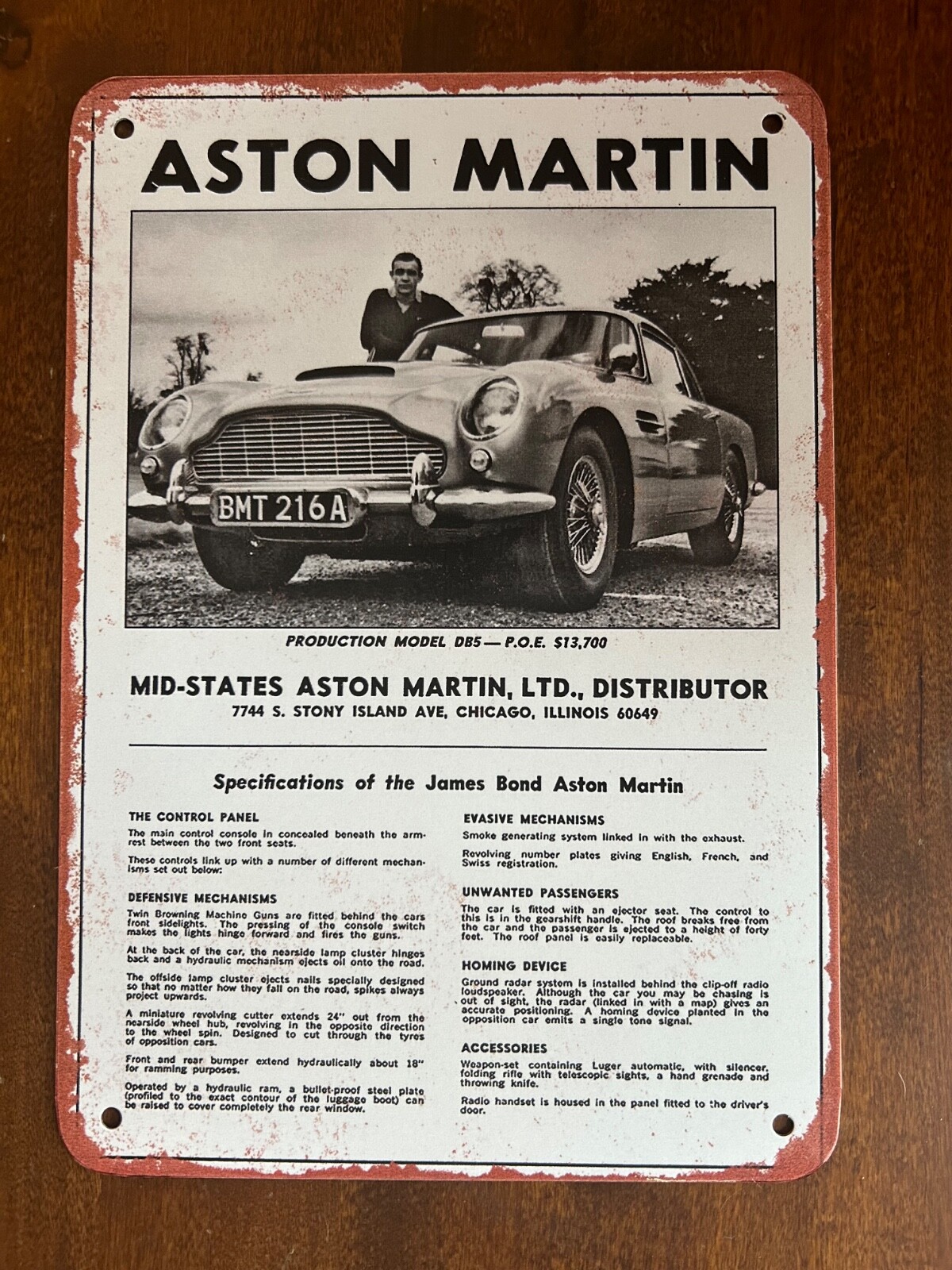Aston Martin DB5 Metal Sign Vintage Style James Bond Car Wall Decor Garage Sign