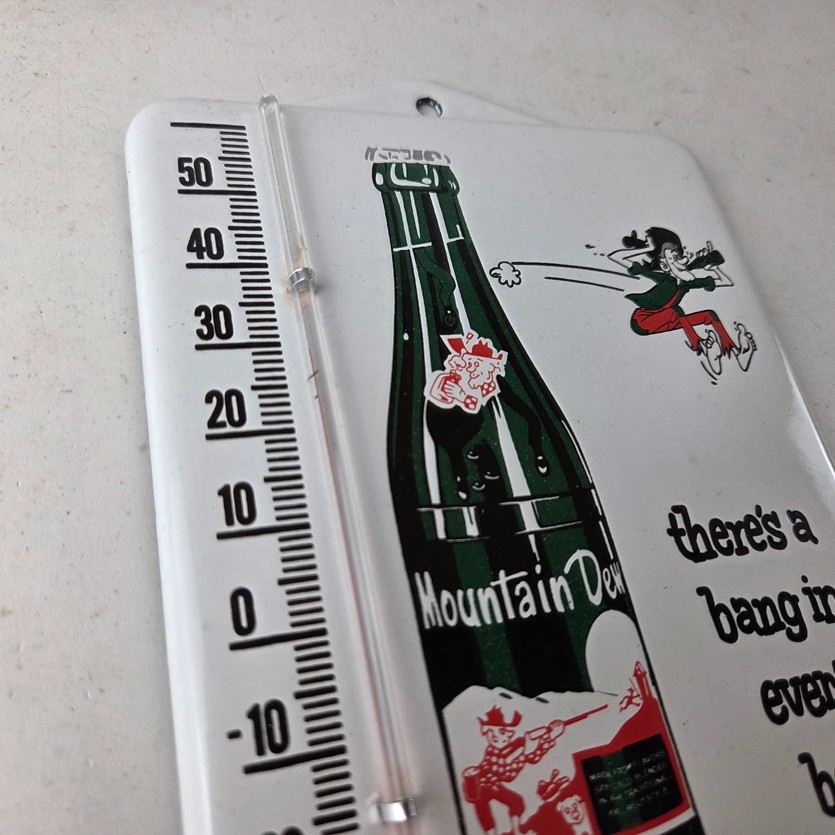 Vintage Mountain Dew Porcelain Sign – Soda Gas Pump Ad Thermometer Sign