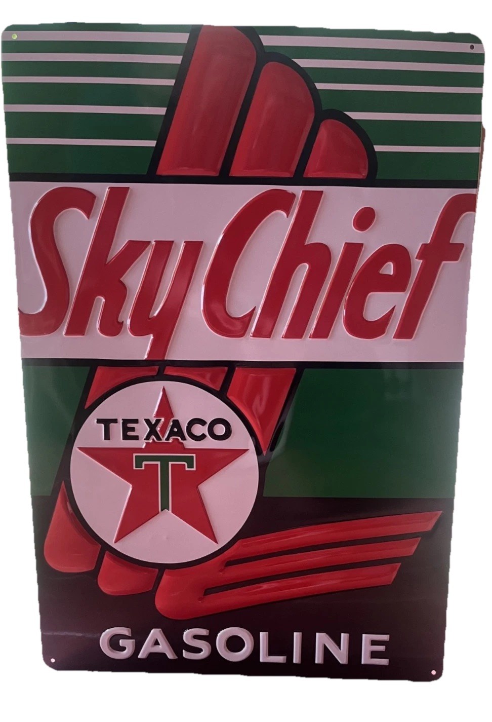 TEXACO Sky Chief Gasoline Metal Sign, Ande Rooney Embossed METAL