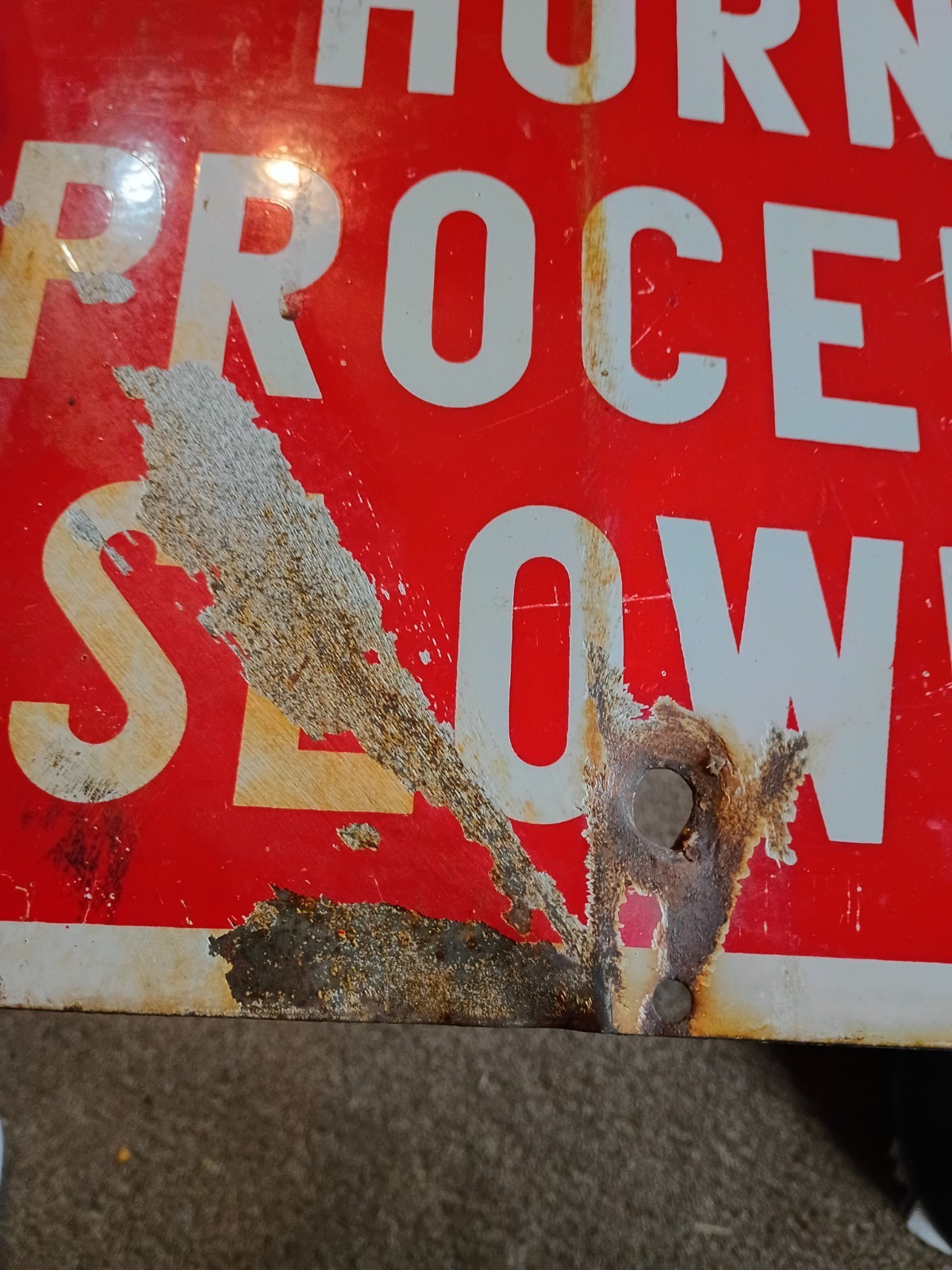 Vertical STOP Sound Horn Proceed Slowly Vintage Porcelain Sign Original Gas Oil