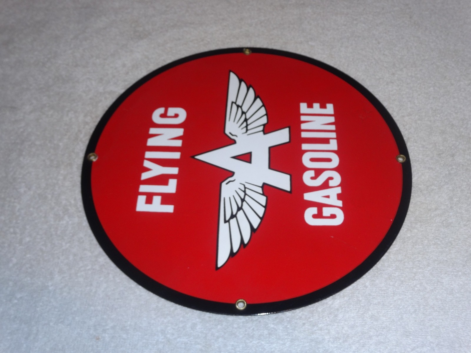 VINTAGE FLYING A GASOLINE “A” WITH WINGS 11″ PORCELAIN METAL OIL PUMP PLATE SIGN