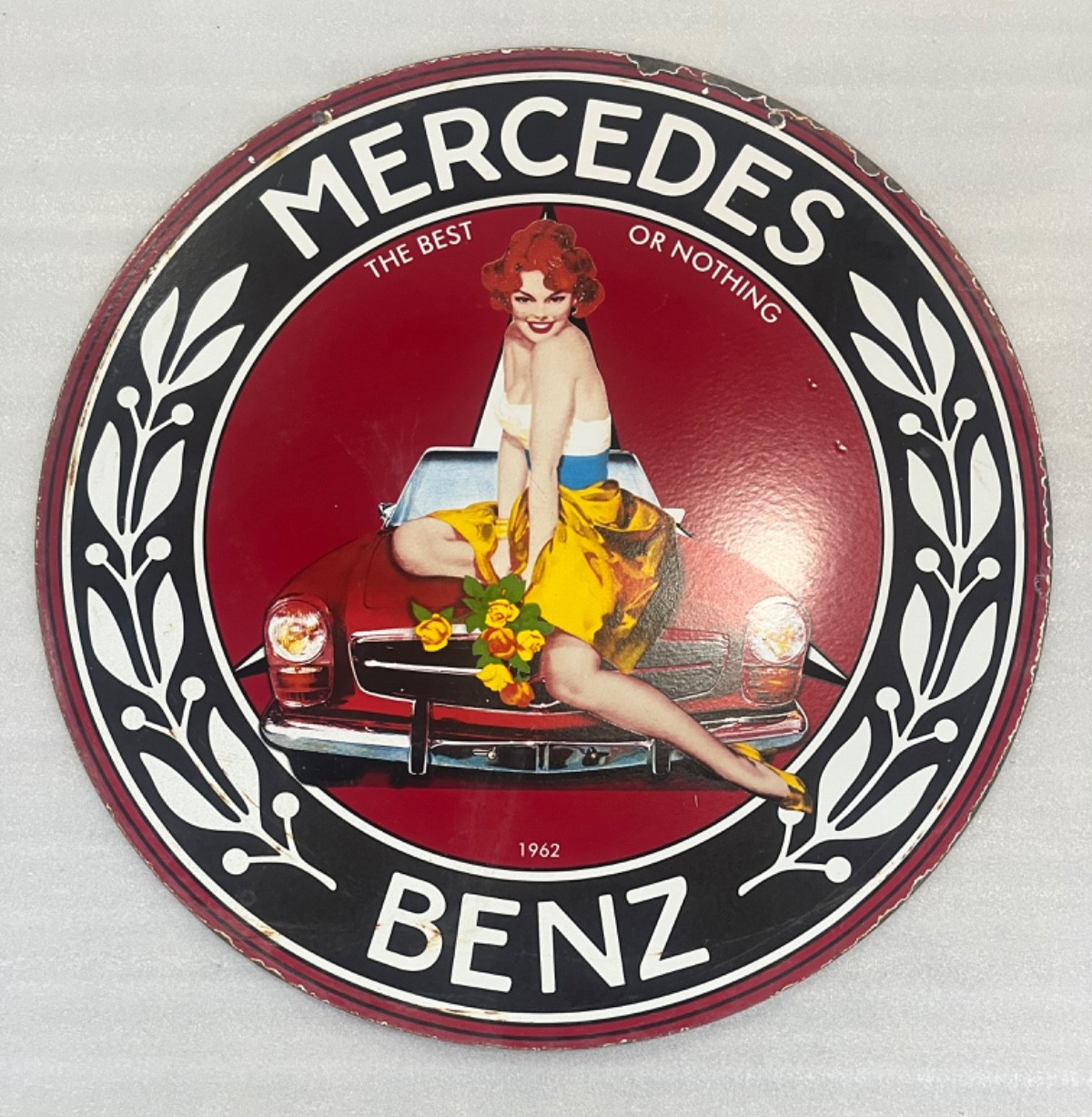 MERCEDES BENZ CARS SALES & SERVICE GAS & OIL PORCELAIN ENAMEL SIGN 30″ DSP.