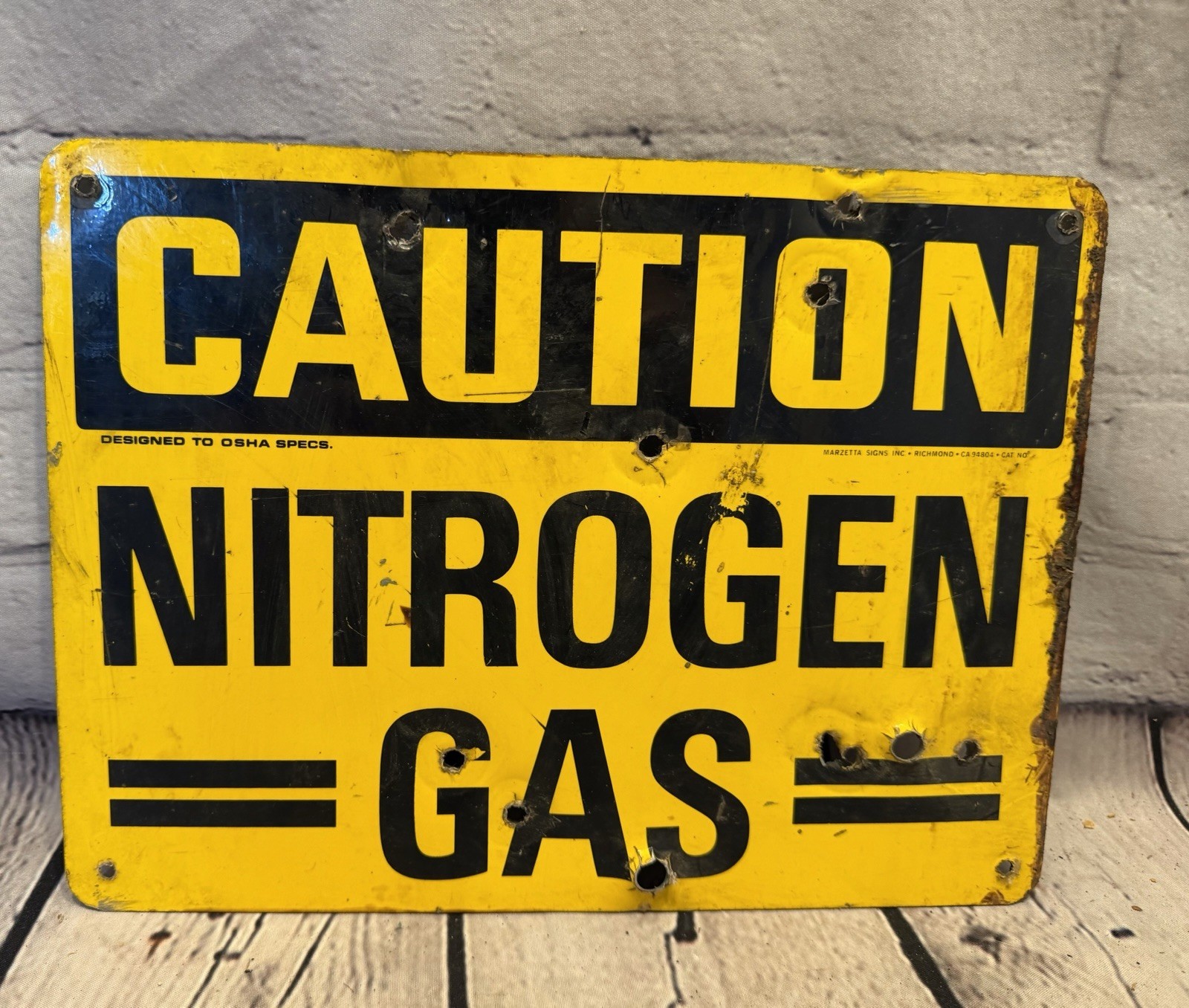 Vintage Metal Caution Nitrogen Gas Sign Marzetta Sign Co USA OSHA Yellow Black