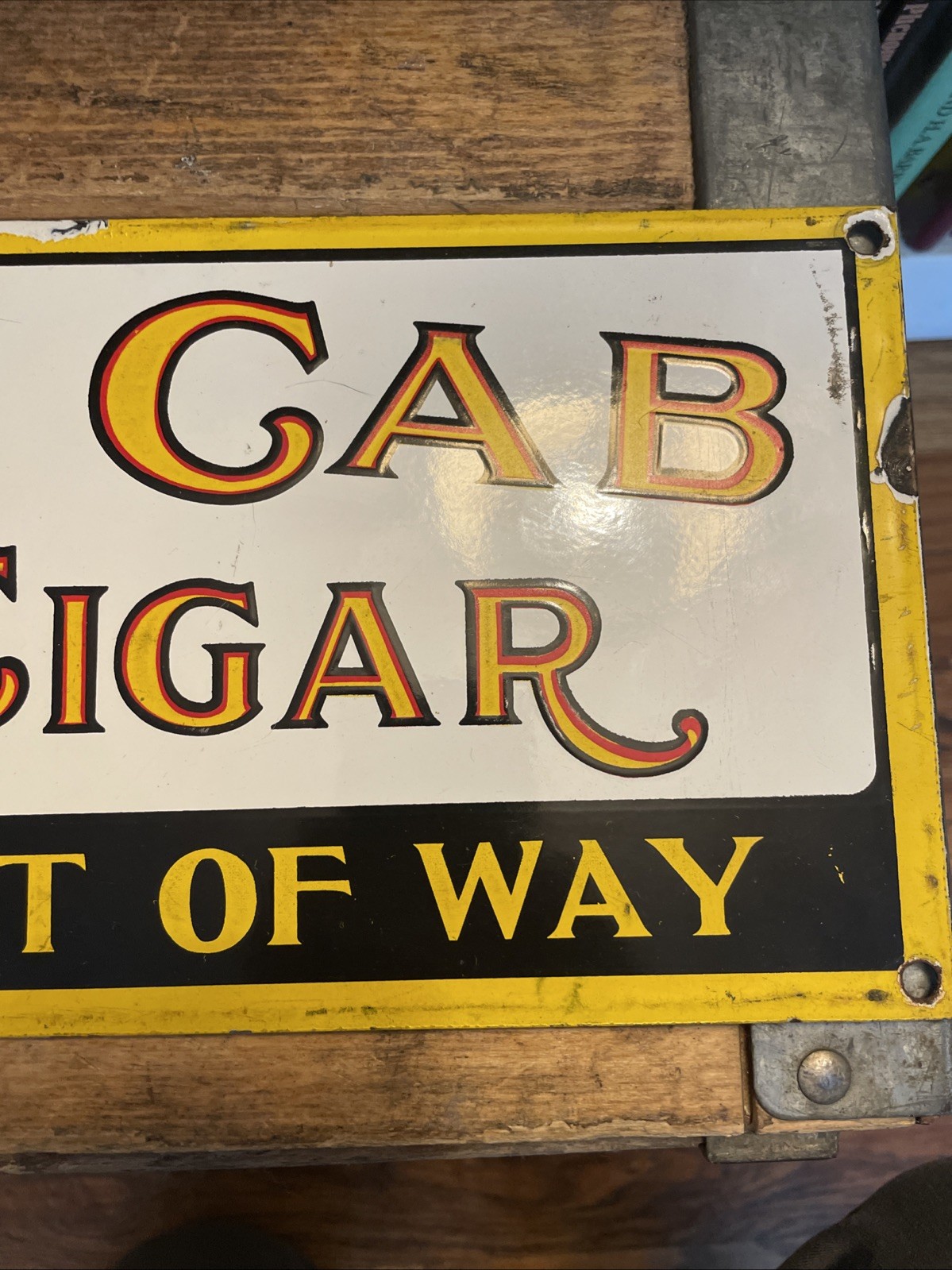 True Vintage Antique Yellow Cab Cigar 5 Cent Porcelain Steel Sign 18” Tobacciana