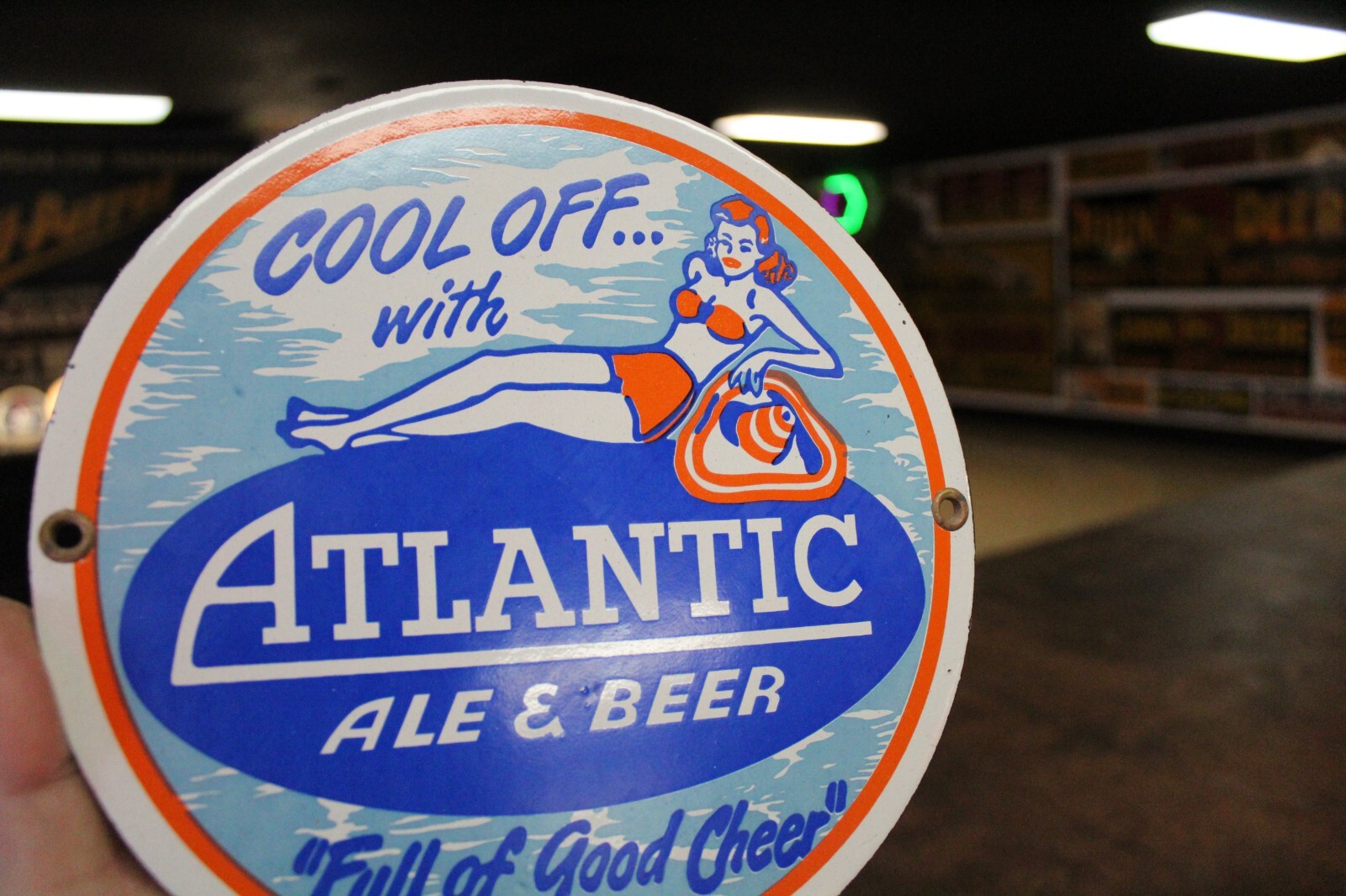 RARE ATLANTIC ALE BEER DEALER PORCELAIN METAL SIGN SWIMSUIT GIRL BEACH MAINE