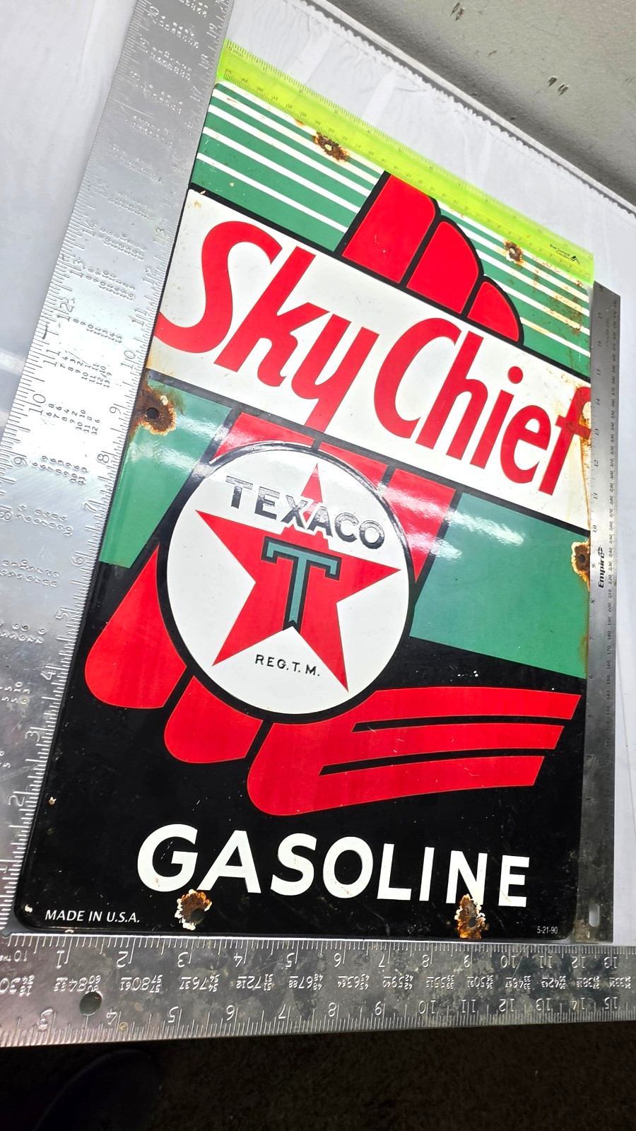 TEXACO SKY CHIEF 18″ GENUINE VINTAGE FLT Gas Pump Service Station Porcelain Sign