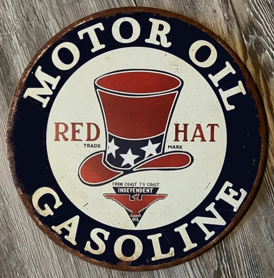 Red Hat Motor Oil Gasoline 8″ Diameter Vintage Novelty Metal Sign Made In USA