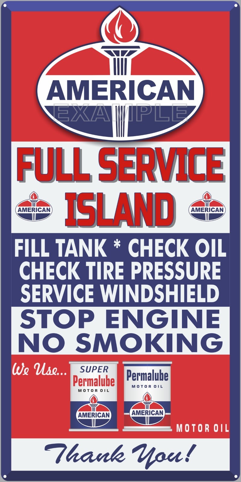 AMERICAN GAS STATION FULL SERVICE ISLAND PUMP SIGN REMAKE ALUMINUM SIZE OPTIONS