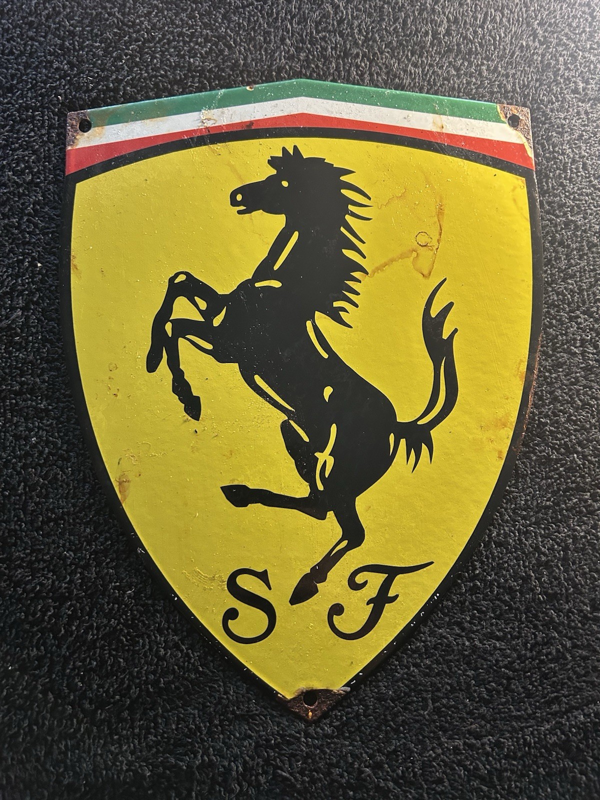 Vintage Ferrari Sign – F1 Racing Shield Porcelain Auto Gas Pump Sign -8 3/8 x 11