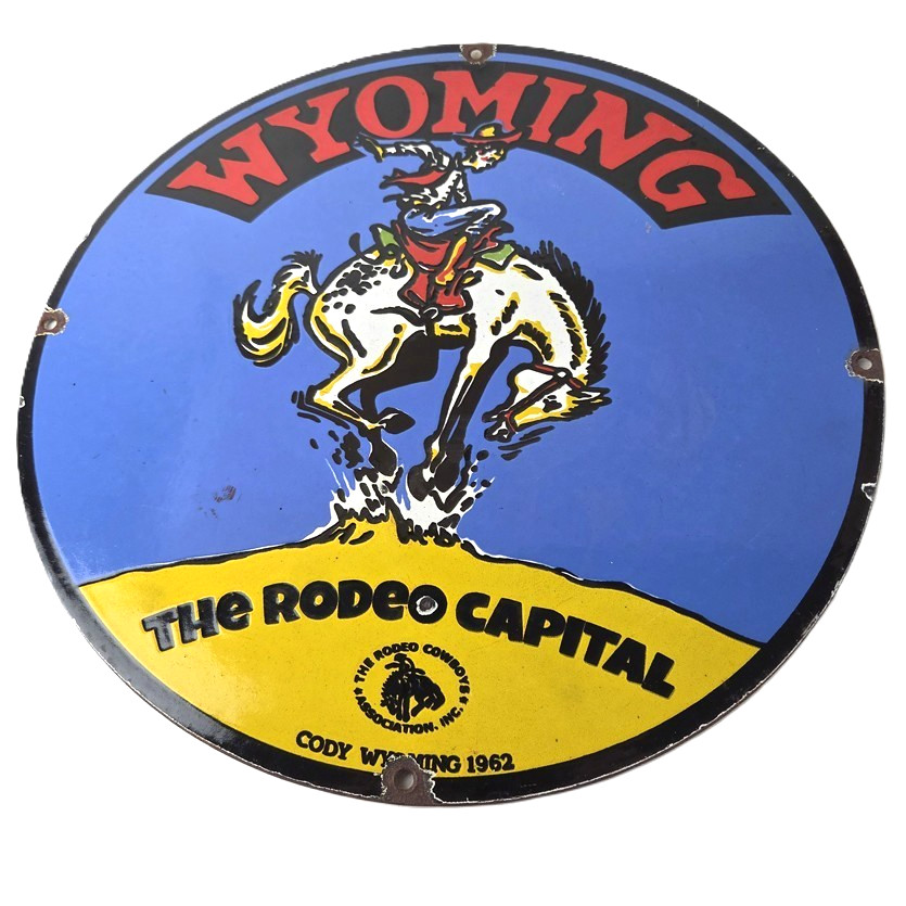 Vintage Wyoming Sign – Buckin Bronco Rodeo Capital Gas Pump Porcelain Sign