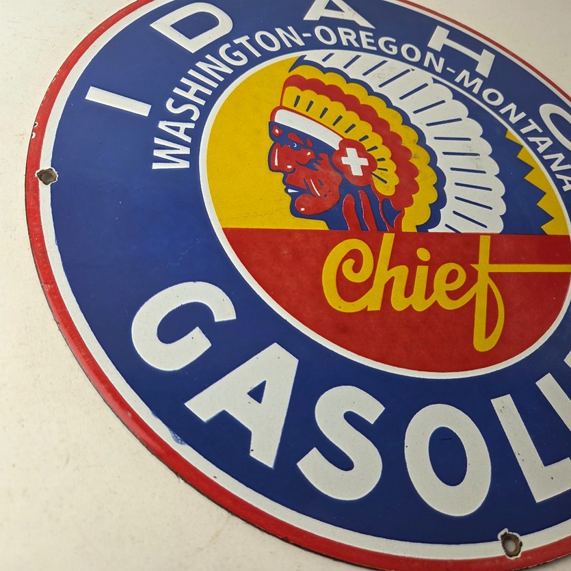 Vintage Idaho Gasoline Sign – Indian Chief Gas Motor Oil Pump Porcelain Sign