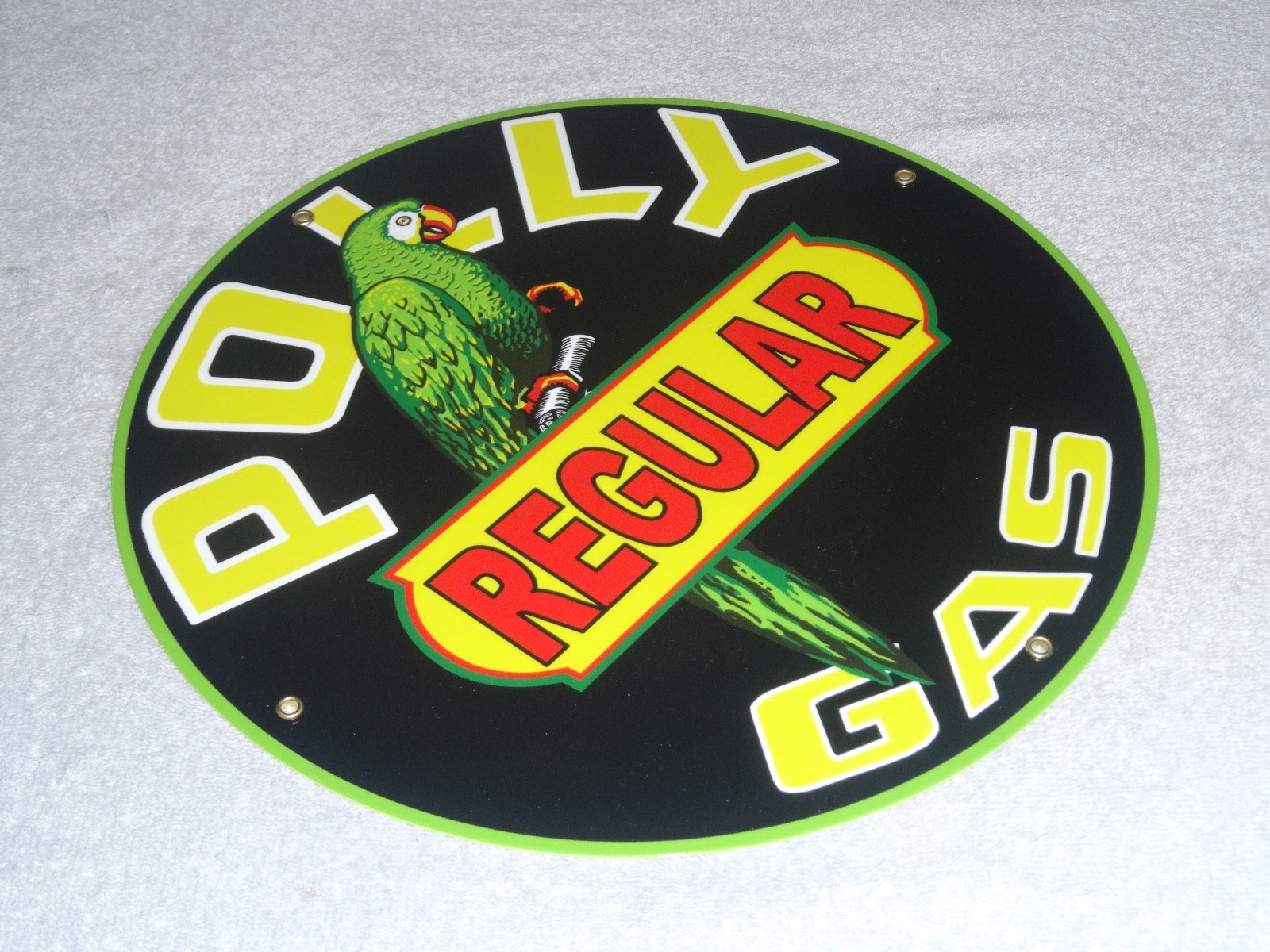 VINTAGE POLLY REGULAR GAS PARROT 🦜 11 3/4″ PORCELAIN METAL GASOLINE & OIL SIGN