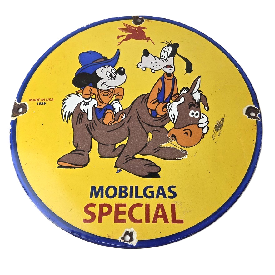 Vintage Mobil Gasoline Sign – Disneys Mickey Mouse Gas Pump Plate Porcelain Sign