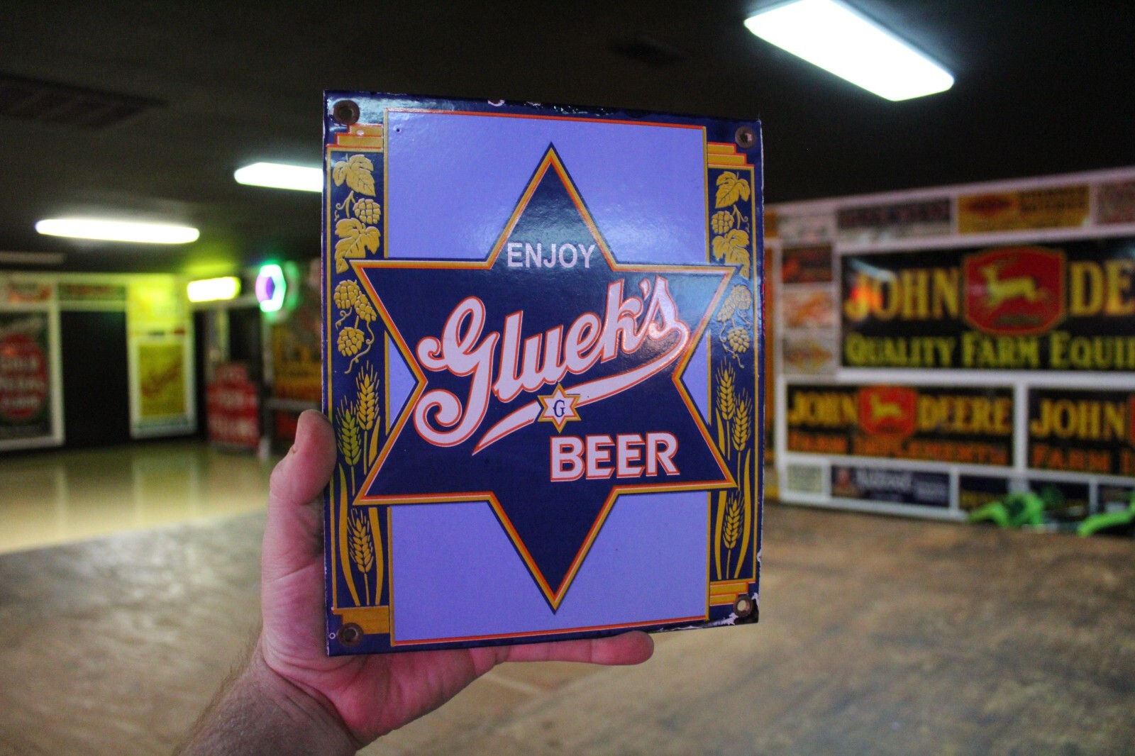 ENJOY GLUEK’S BEER DEALER PORCELAIN METAL SIGN BREWING BAR DRINK GAS OIL PABST