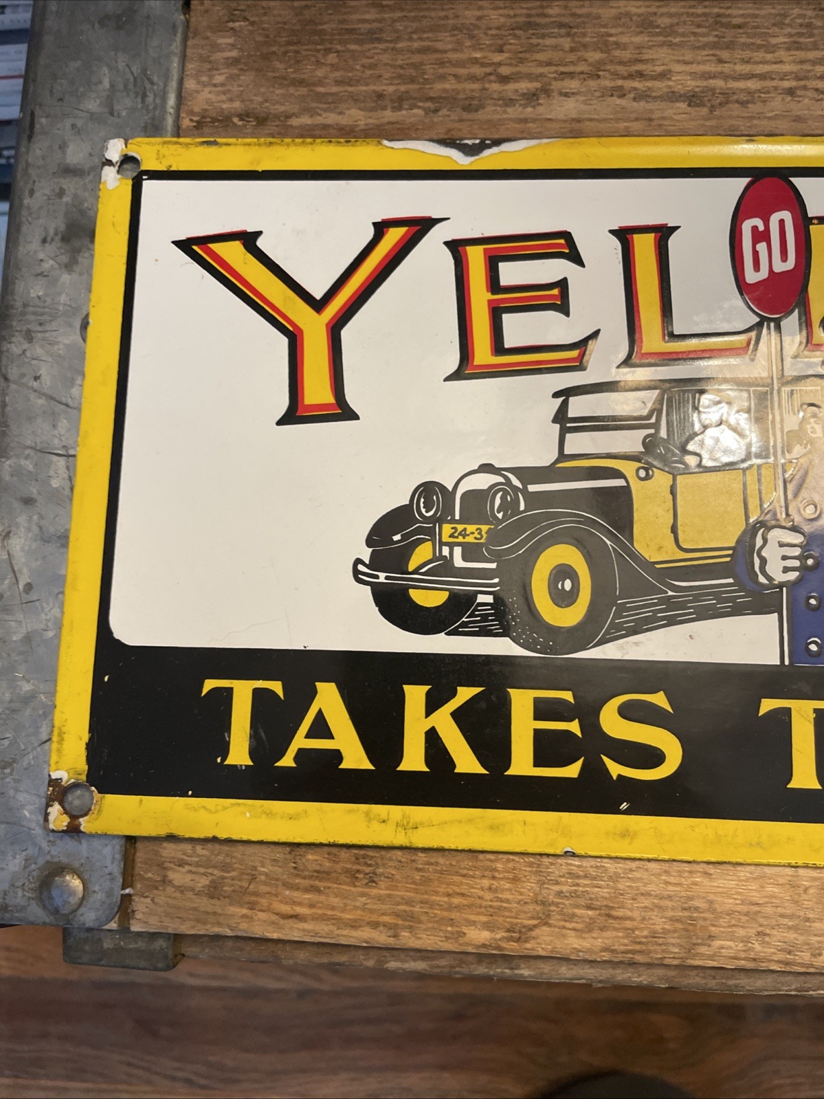 True Vintage Antique Yellow Cab Cigar 5 Cent Porcelain Steel Sign 18” Tobacciana