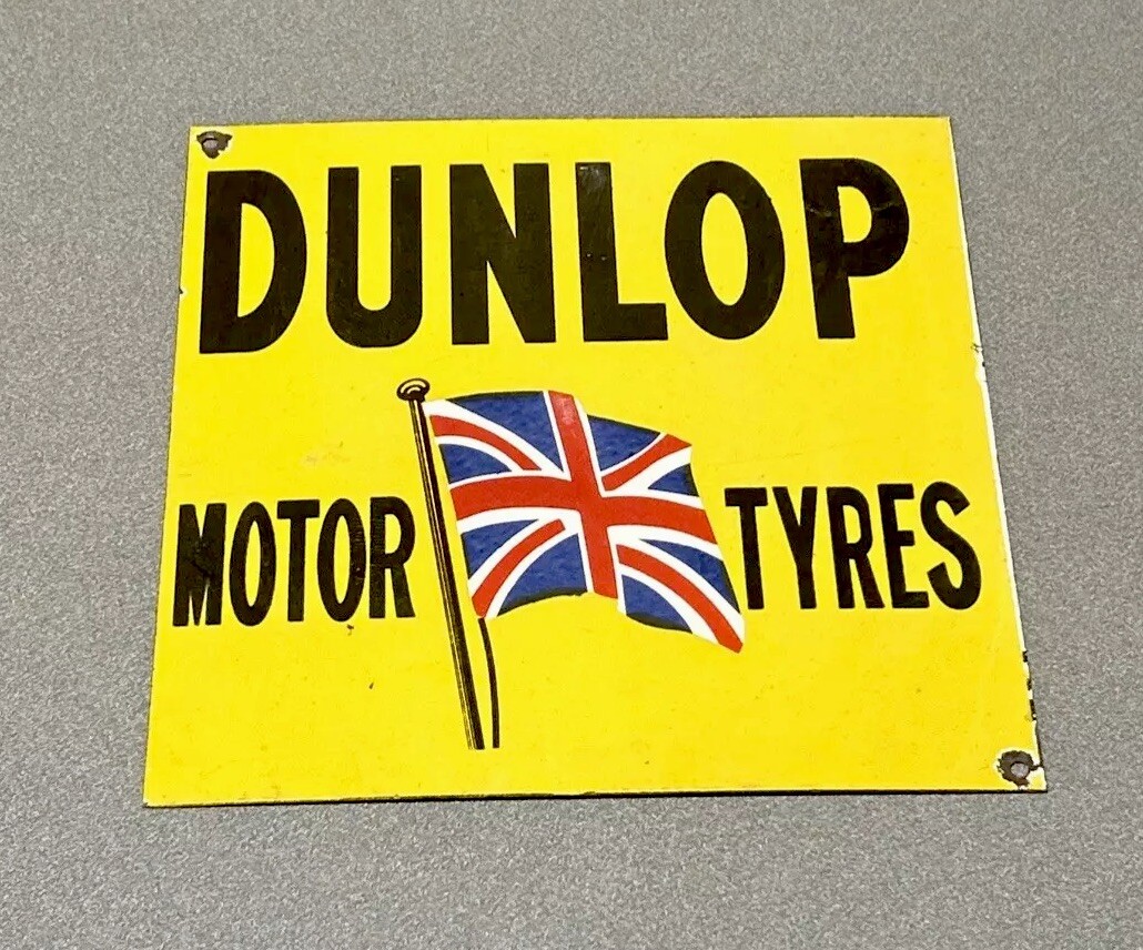 VINTAGE 12” RARE DUNLOP MOTOR TIRES PORCELAIN SIGN CAR GAS OIL TRUCK