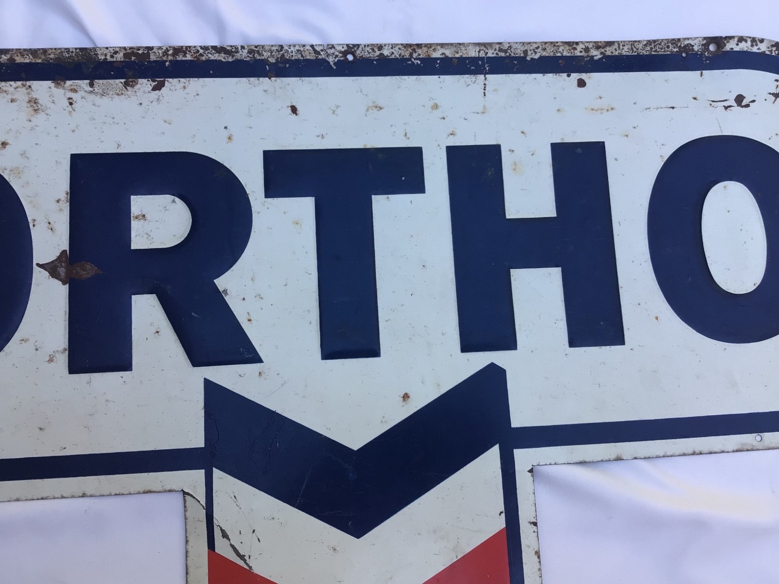 Vintage Chevron ORTHO Tin Advertisement Sign Gas Gasoline Fertilizer 1950s-1960s