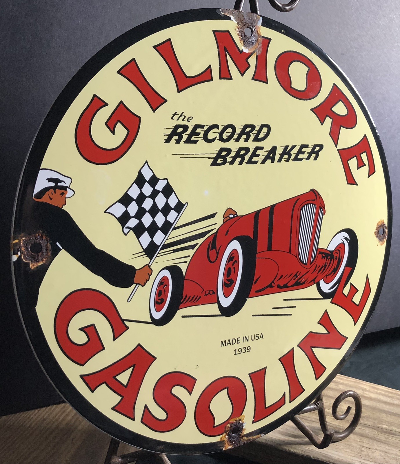 VINTAGE 1939 DATED GILMORE GASOLINE RECORD BREAKER PORCELAIN GAS OIL SIGN