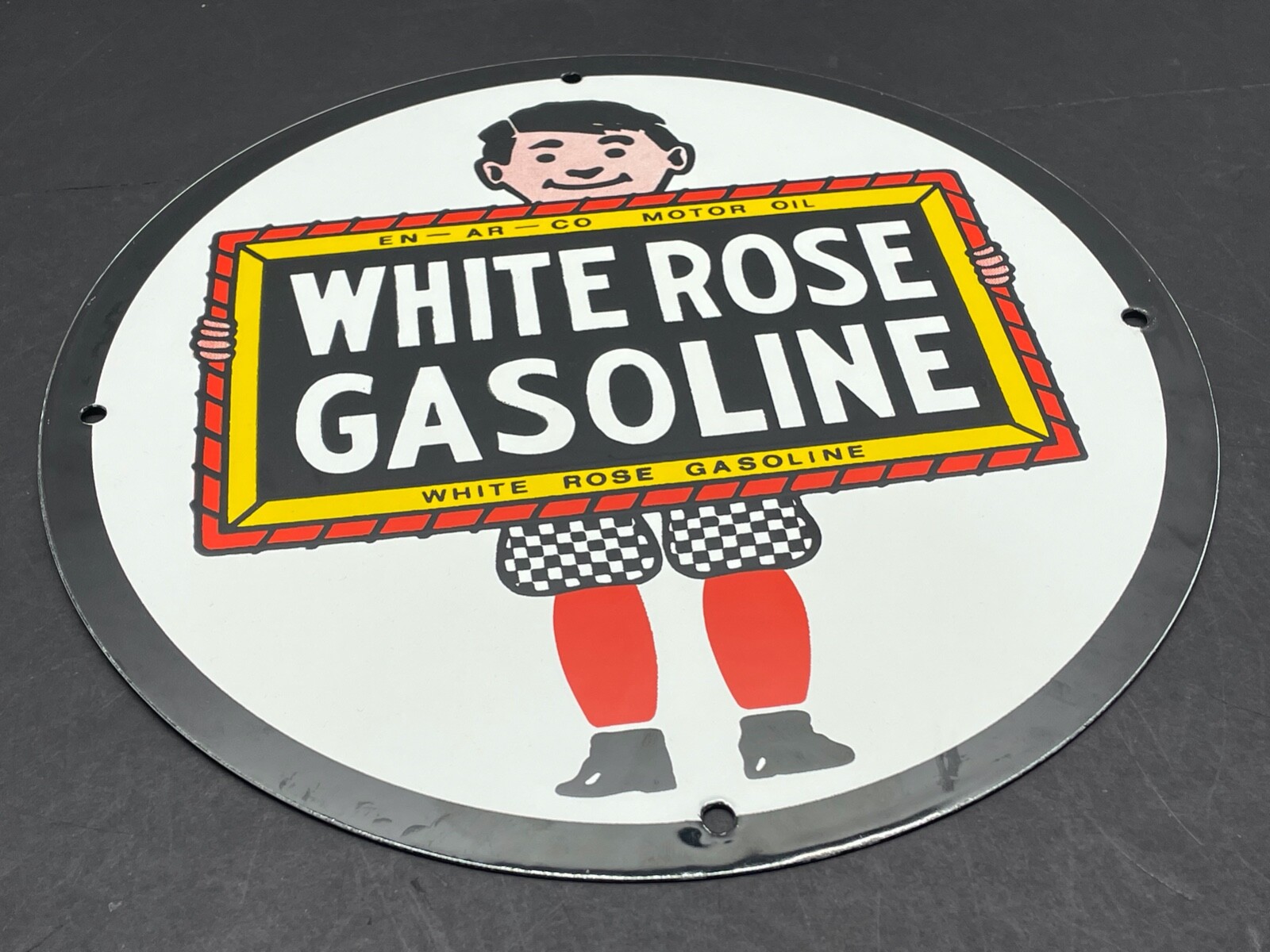 VINTAGE WHITE ROSE GASOLINE & EN-AR-CO MOTOR OIL 12″ ADVERTISING PORCELAIN SIGN