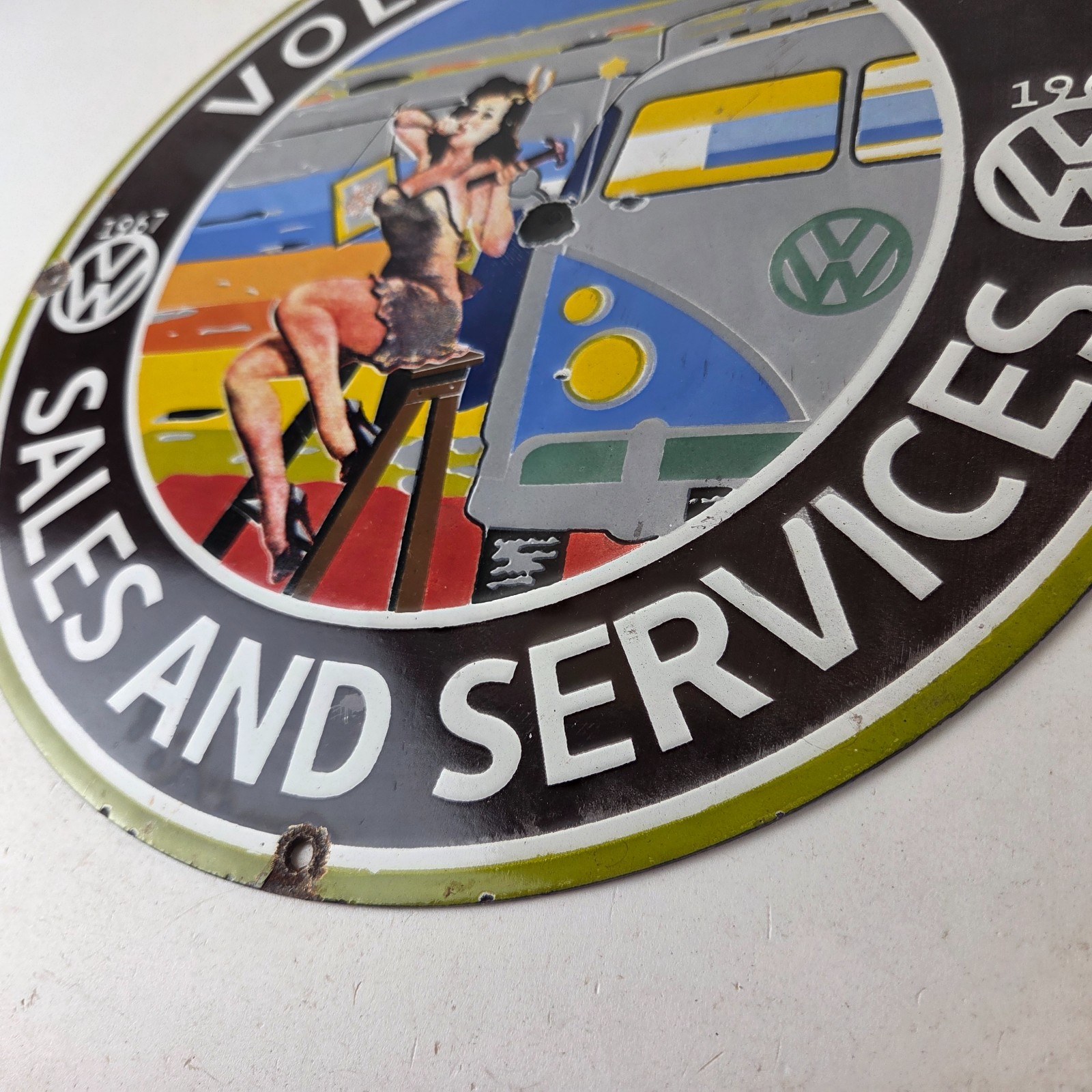 Vintage Volkswagen Sign – Sales Dealership VW Automobile Gas Pump Porcelain Sign