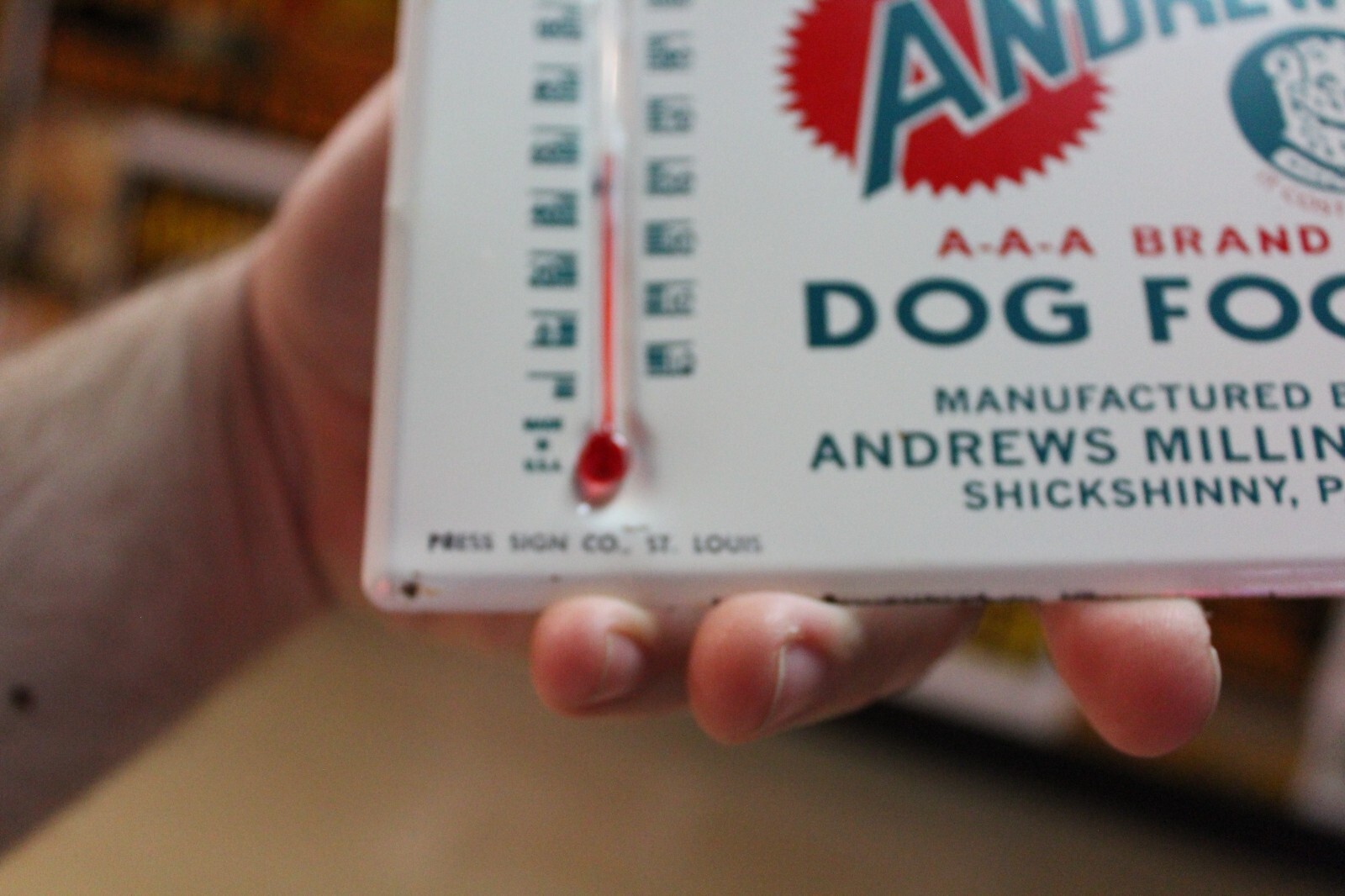 RARE 1950s ANDREWS DOG FOOD DEALER STAMPED PAINTED METAL SIGN PET STORE PA GAS