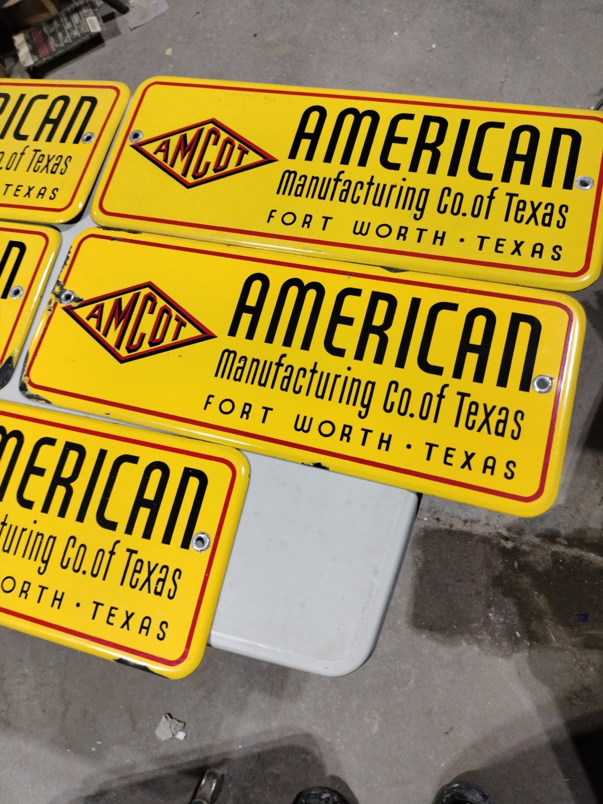 5 AMCOT-AMERICAN MANUFACTURING CO OF TEXAS PORCELAIN SIGNS-SELLING TOGETHER-NICE