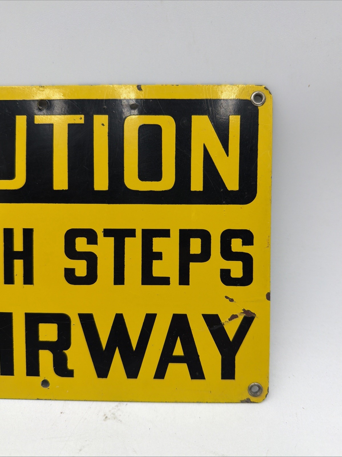 Porcelain CAUTION SIGN – Watch Steps Stairway – Rare Yellow And Black Sign