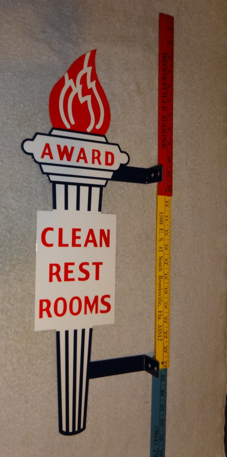 VINTAGE STANDARD GASOLINE TORCH CLEAN RESTROOM HUGE 2′ METAL AWARD BATHROOM SIGN
