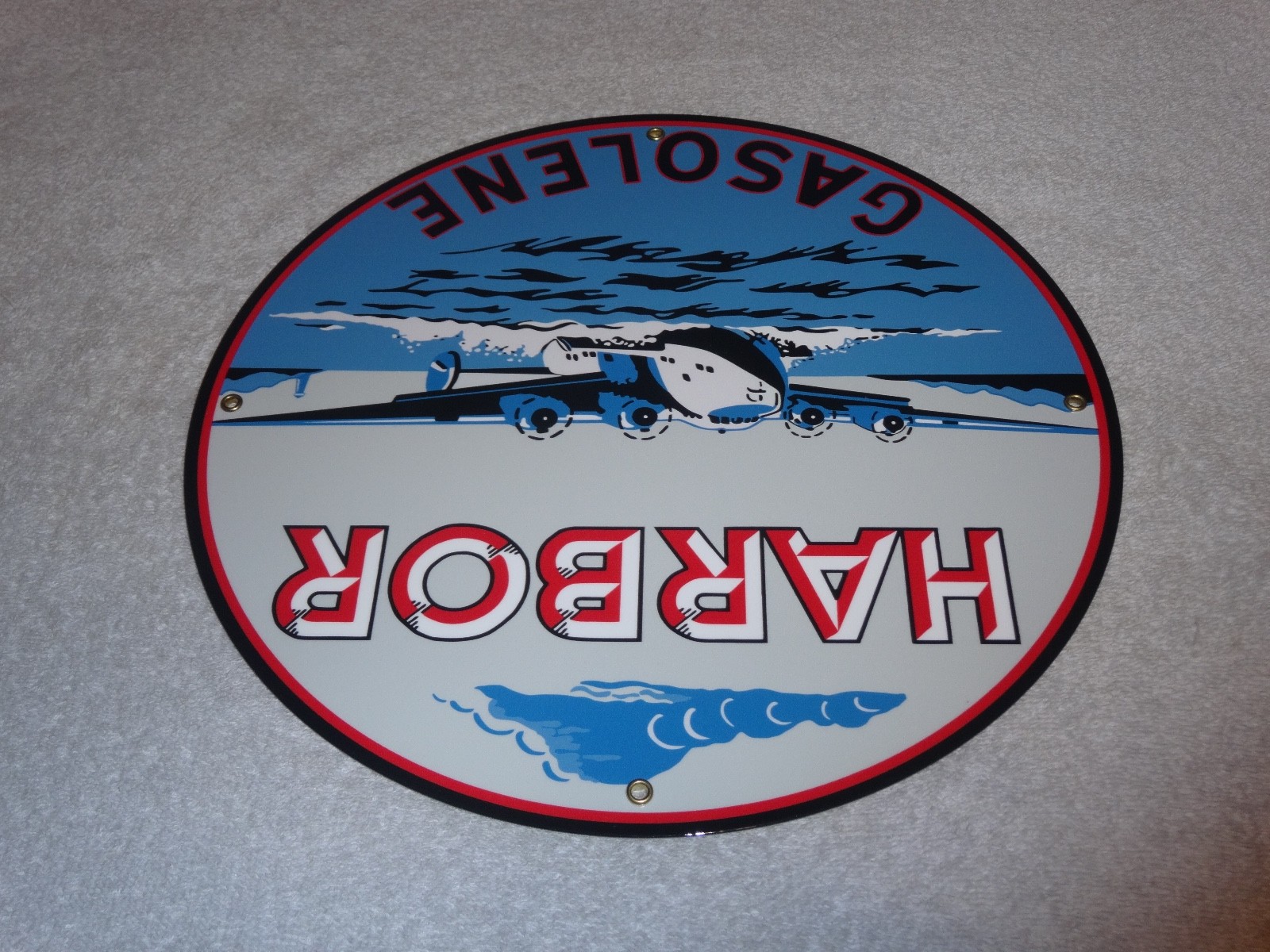 VINTAGE HARBOR GASOLINE AIRPLANE SEAPLANE 11 3/4″ PORCELAIN METAL GAS & OIL SIGN