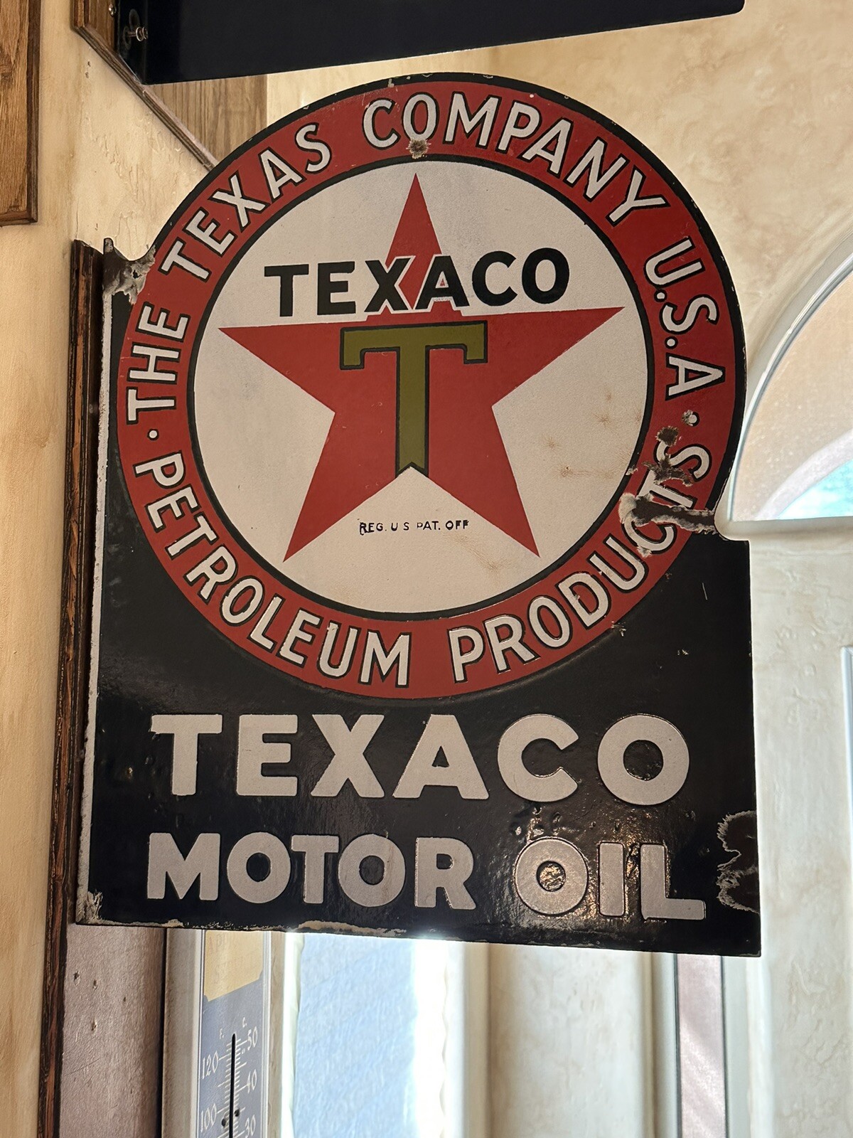 LARGE ORIGINAL & AUTHENTIC ”TEXACO” 14.5X36 INCH PORCELAIN OIL LEASE SIGN