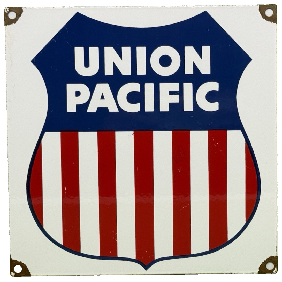 VINTAGE UNION PACIFIC PORCELAIN SIGN TRAIN STATION GAS OIL RAILROAD FREIGHT