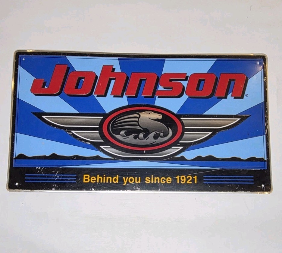 RARE JOHNSON SEA-HORSE BOAT MOTORS DEALER EMBOSSED METAL SIGN GAS OIL MARINE 25″