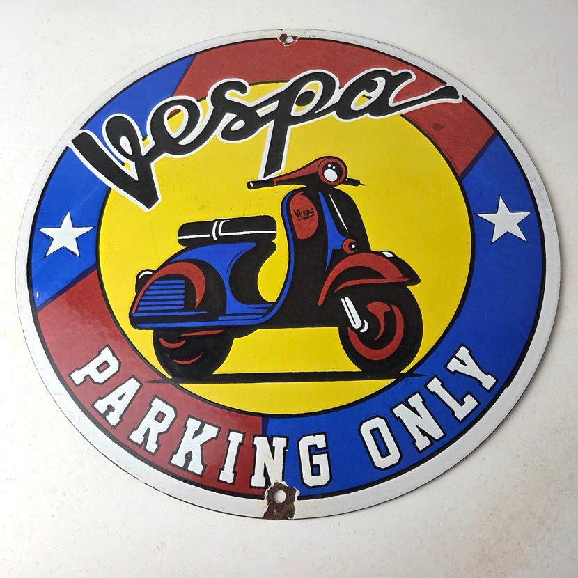 Vintage Vespa Sign – Parking Only Gas Service Station Porcelain Advertising Sign